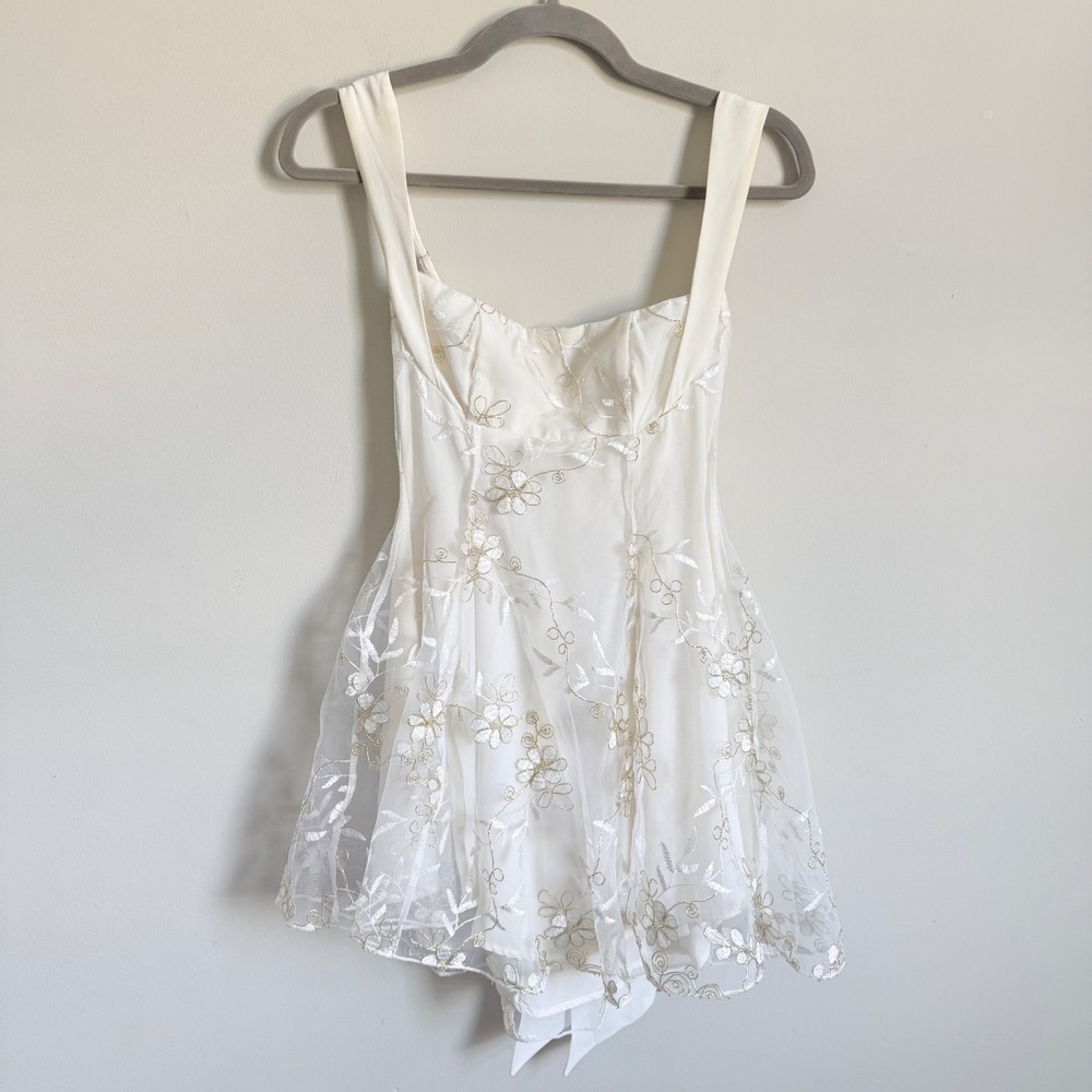 Lucy in the Sky Floral Sequin Tulle Dress Cream White Mini Bow Back Small